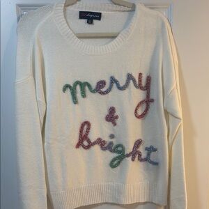 Cozy White Sweater-“Merry Christmas+ Bright”